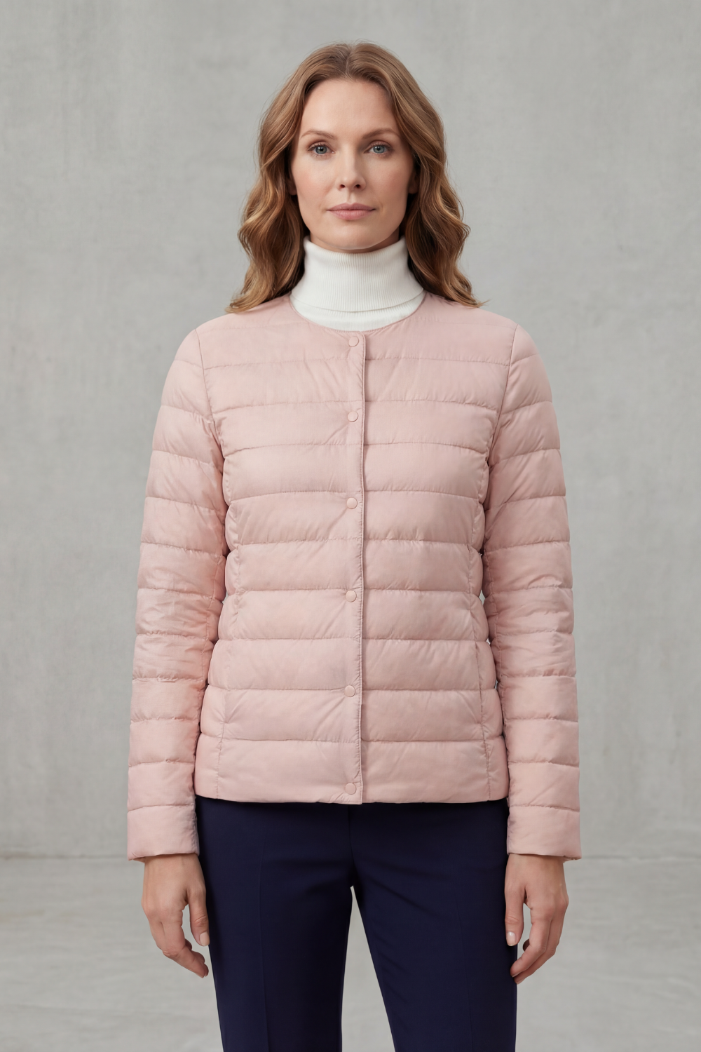 Lightweight quilted puffer jacket in blush pink, button-front, stand collar