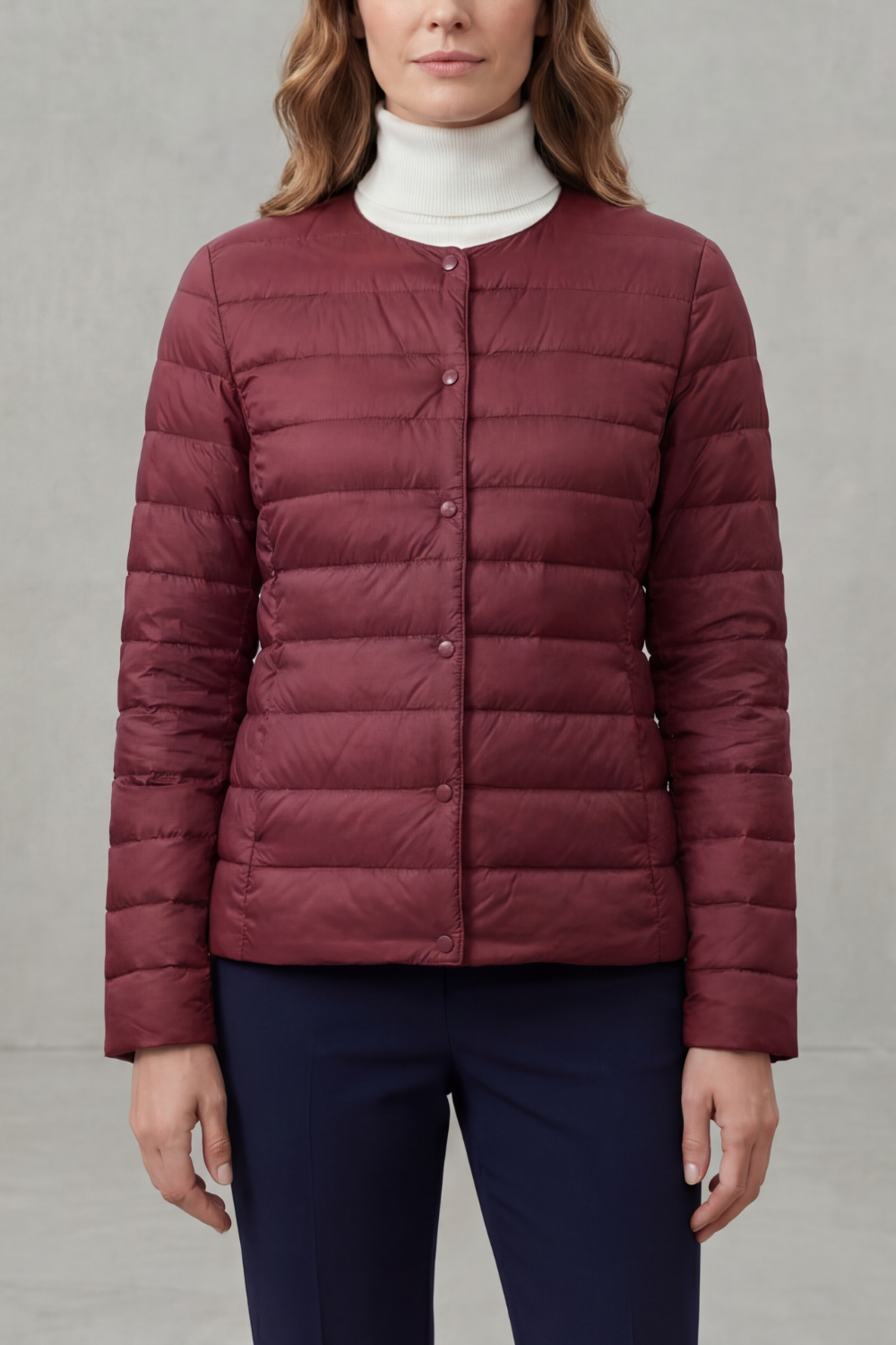 Women’s lightweight quilted puffer jacket, burgundy, full-zip front with button placket