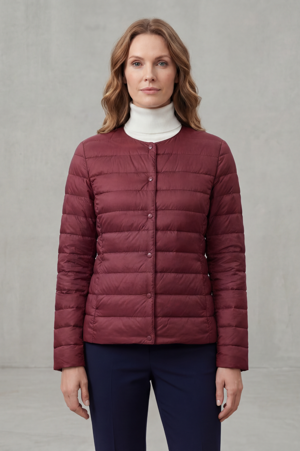Lightweight quilted puffer jacket in burgundy, button-front, stand collar