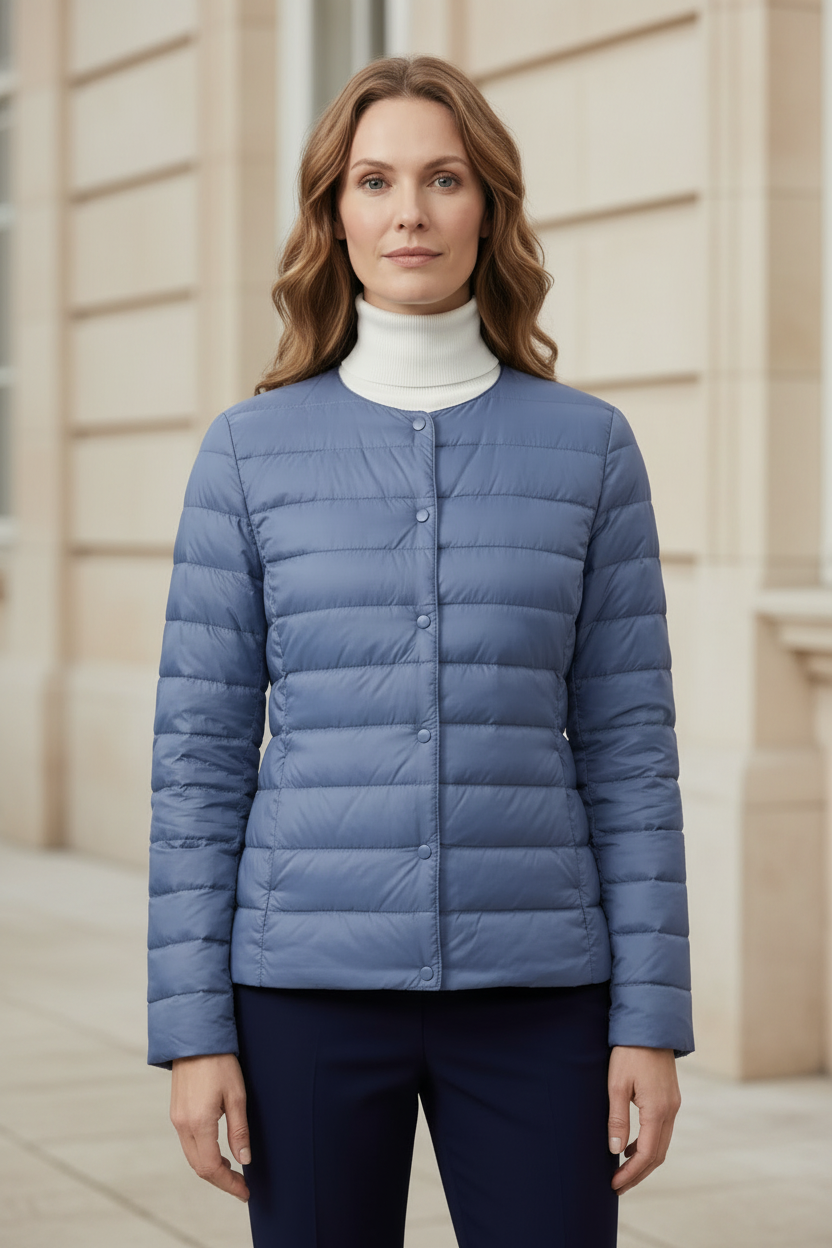 Women’s lightweight quilted puffer jacket, blue, full-zip front with button placket