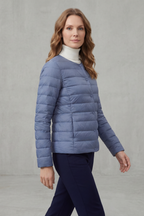 Women’s lightweight quilted puffer jacket, blue, side view, full-zip with button placket