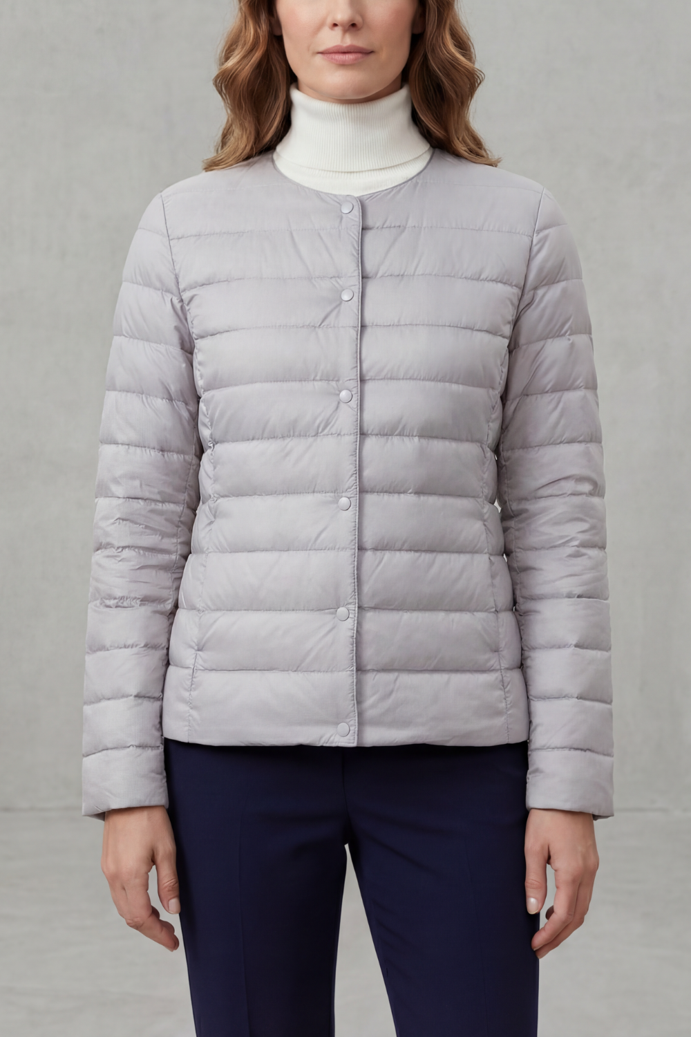 Lightweight quilted puffer jacket in light grey, button-front, stand collar
