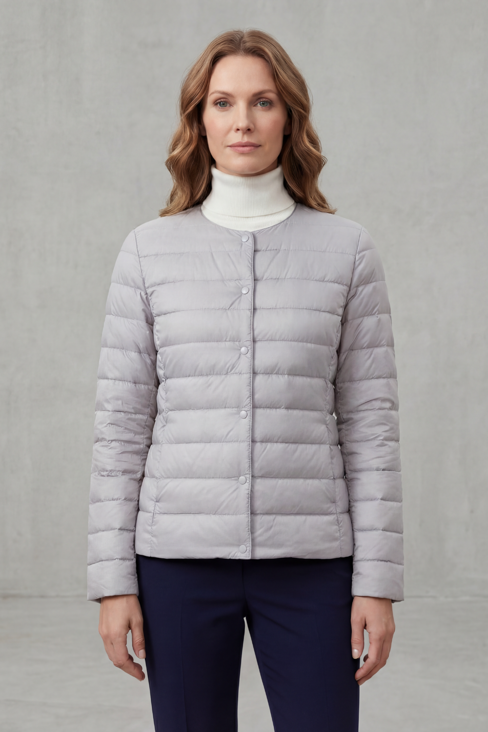 Women’s lightweight quilted puffer jacket, light grey, full-zip front with button placket