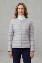 Women’s lightweight quilted puffer jacket, light grey, full-zip front with button placket