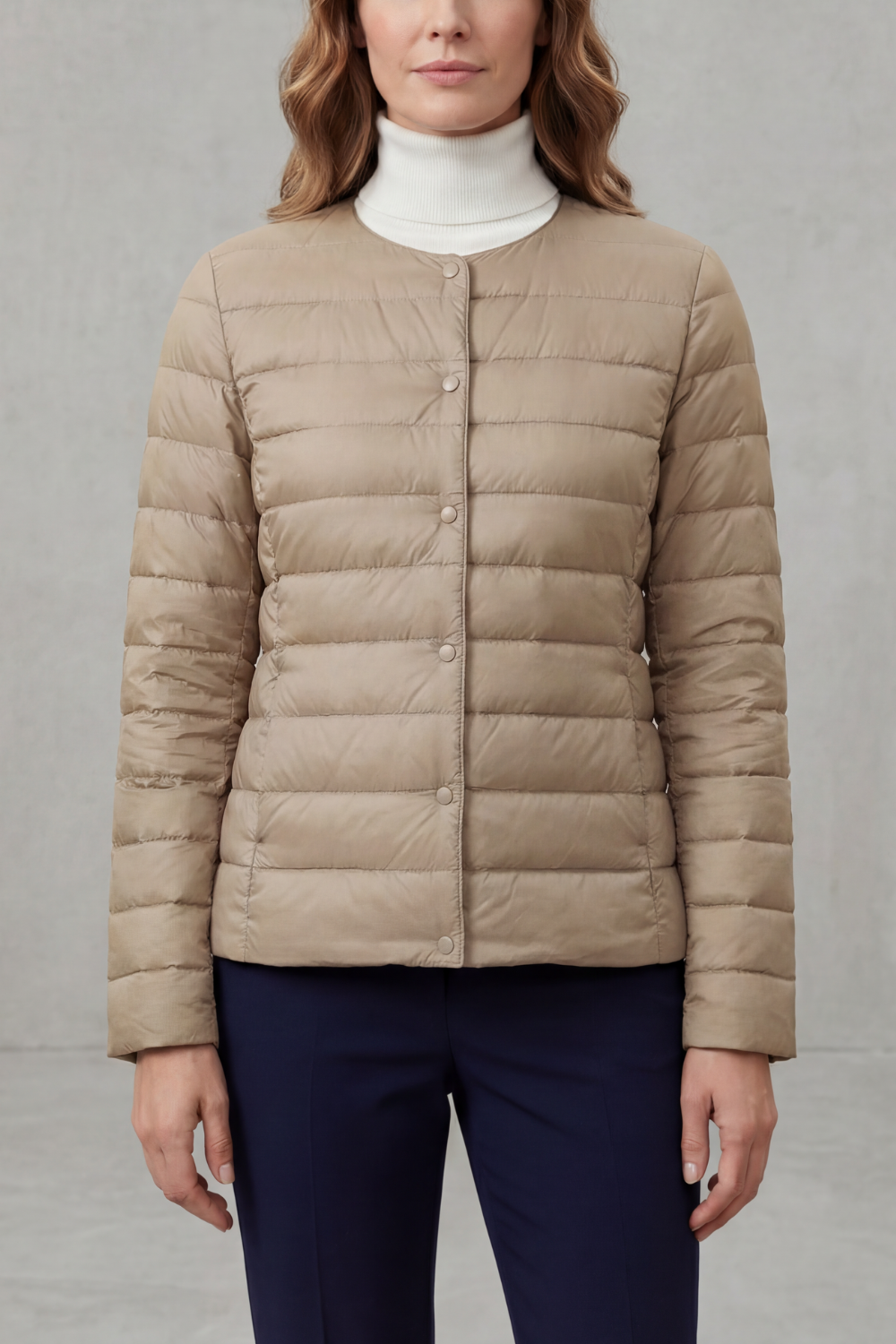 Lightweight quilted puffer jacket in khaki, button-front, stand collar