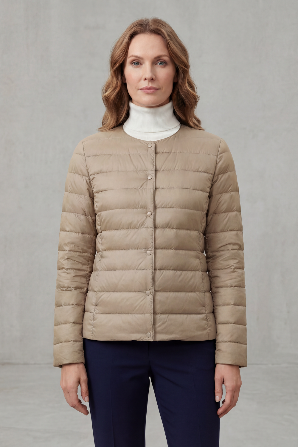 Women’s lightweight quilted puffer jacket, khaki beige, full-zip front with button placket