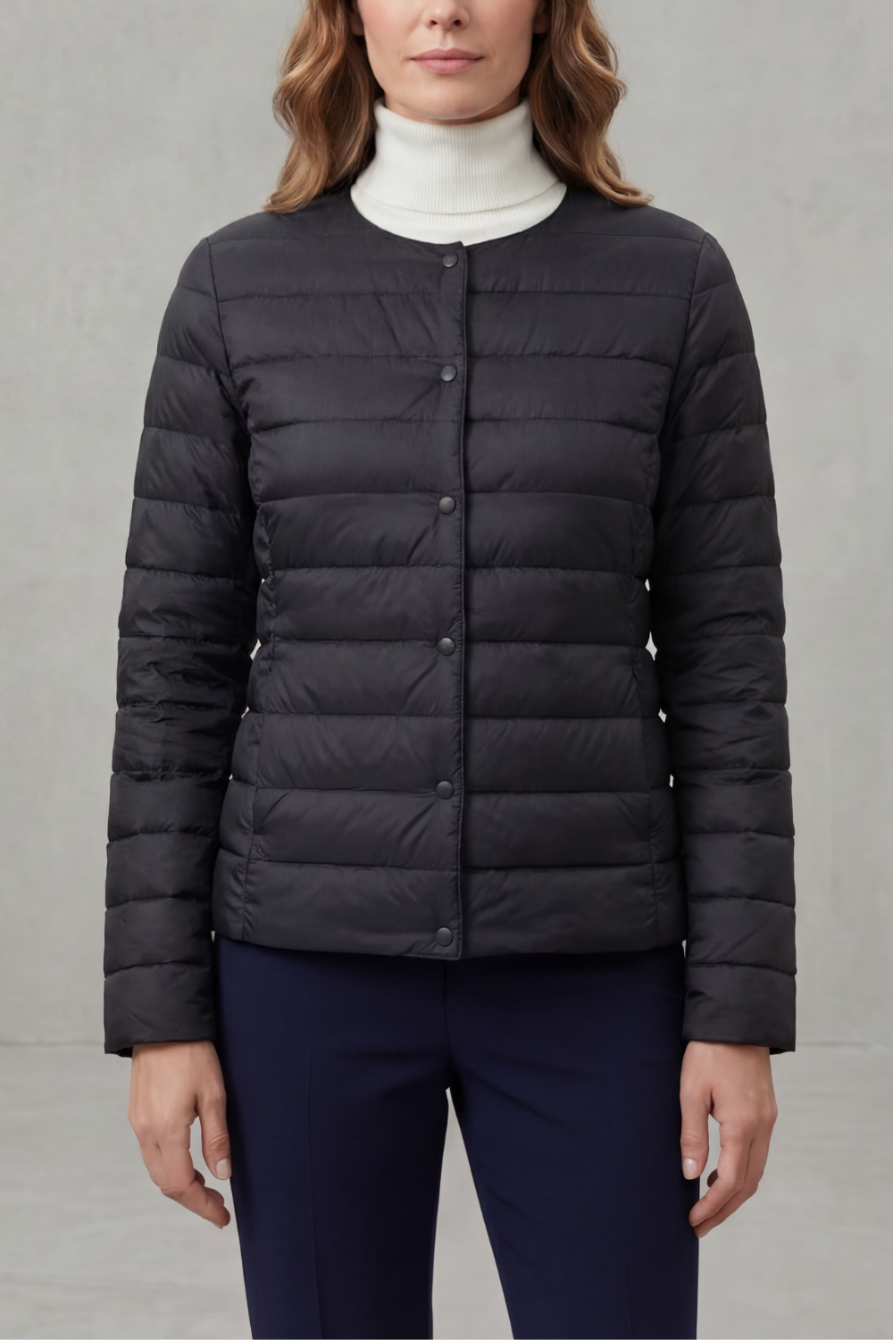 Women’s lightweight quilted puffer jacket, black, full-zip front with button placket