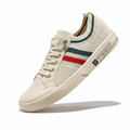 Light sand knit sneakers with multicolor side stripe and white rubber sole
