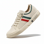 Light sand knit sneakers with multicolor side stripe and white rubber sole