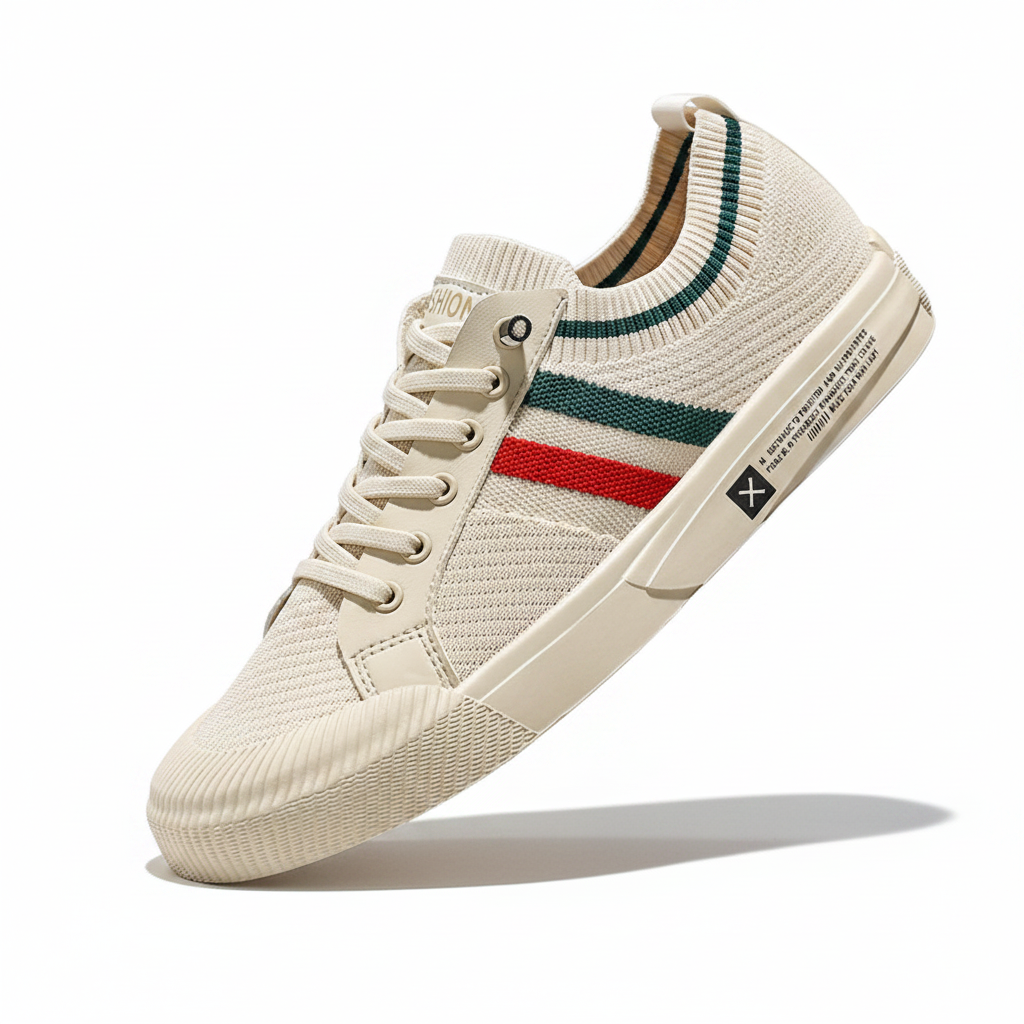 Light sand knit sneakers with multicolor side stripe and white rubber sole