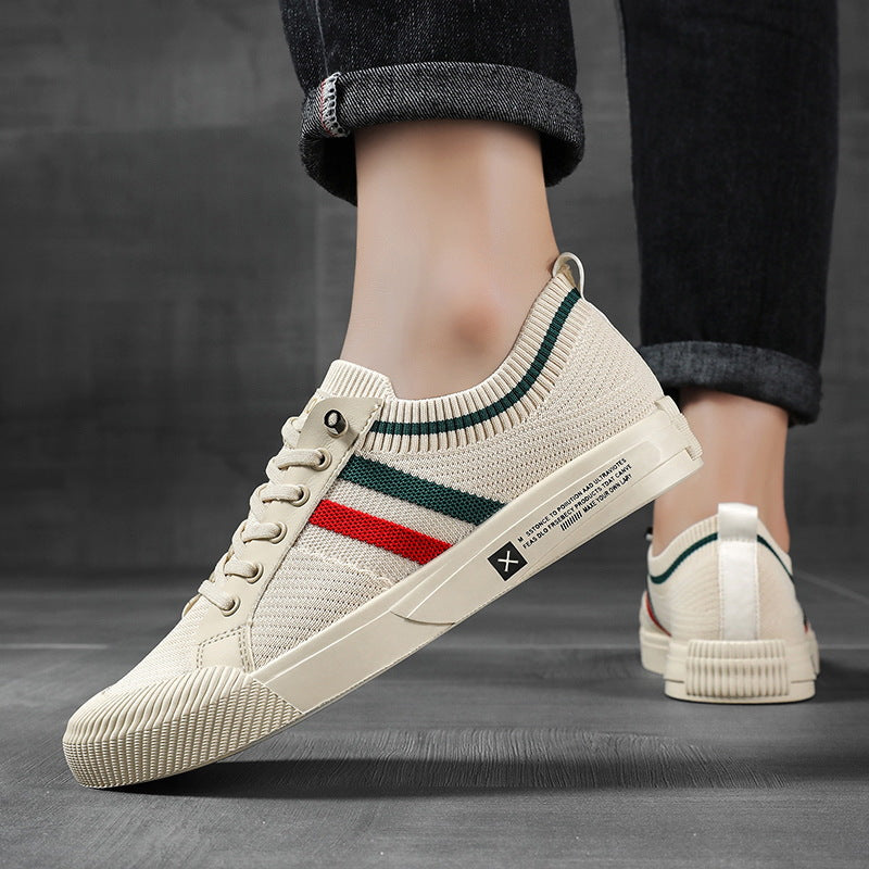 Light sand sneakers with multicolor side stripe and lace-up front