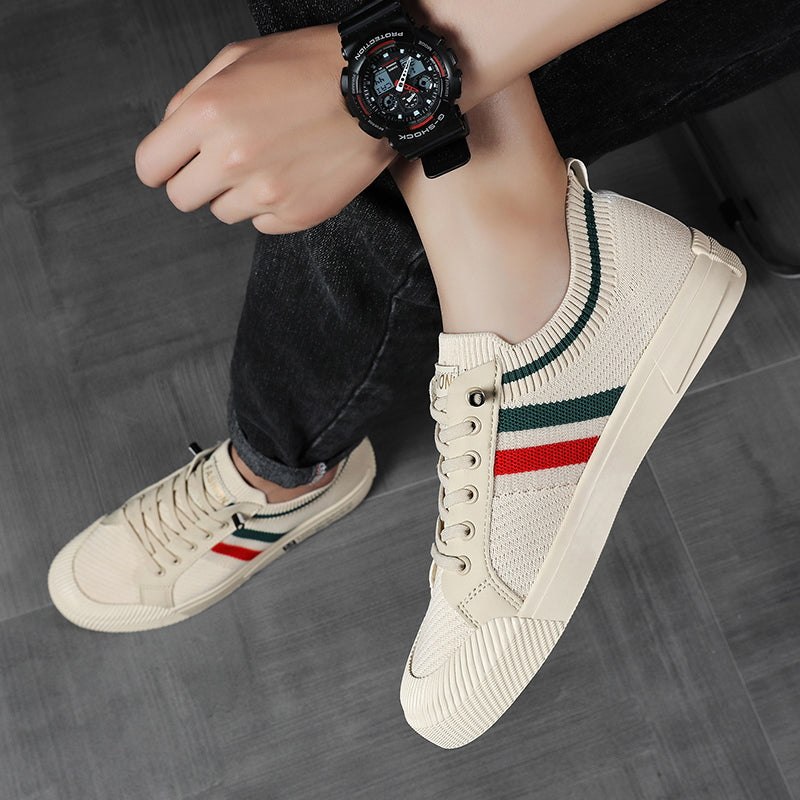 Light sand lace-up sneakers with multicolor side stripe on feet