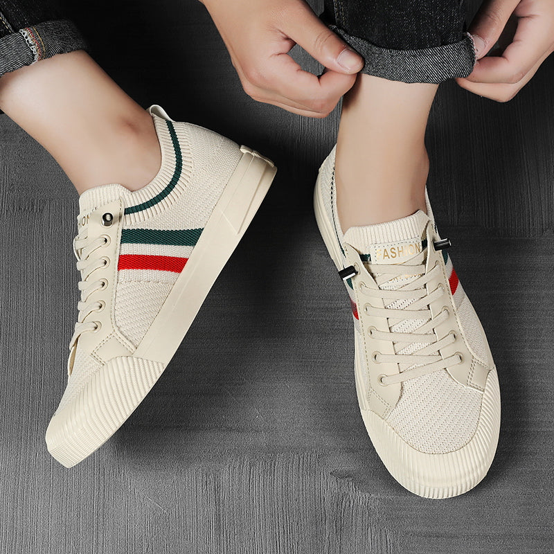 Light sand sneakers with multicolor side stripe and padded collar