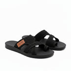 Black women’s comfort sandals with wide crossover straps and cushioned footbed