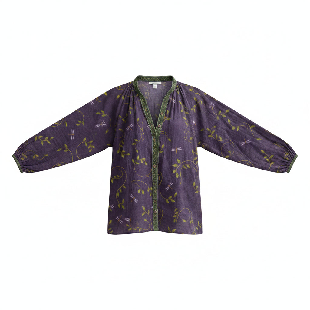 Purple leaf print shirt with V-neck button front and long loose sleeves
