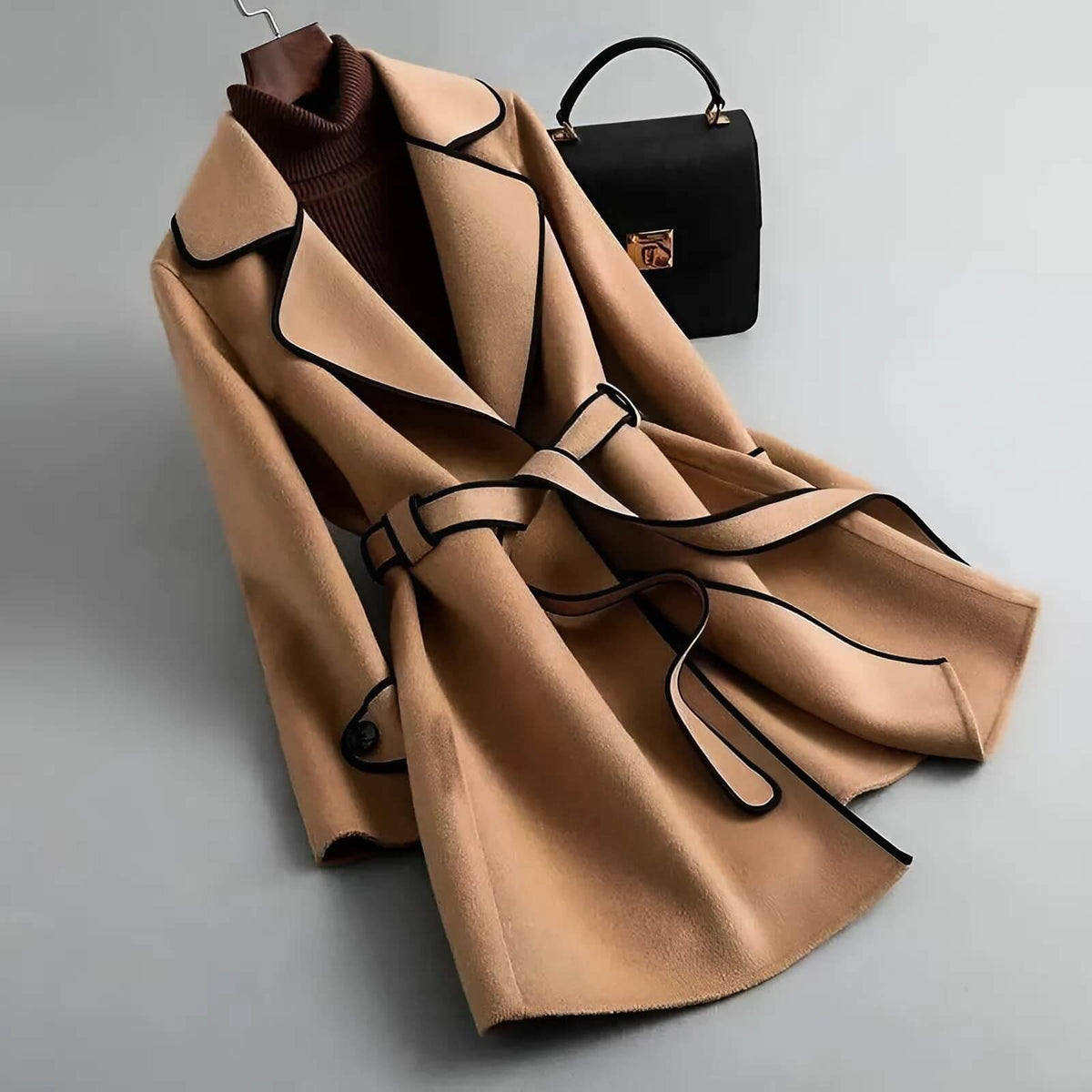 Champagne beige wool coat on hangers with black-trim lapels and belt