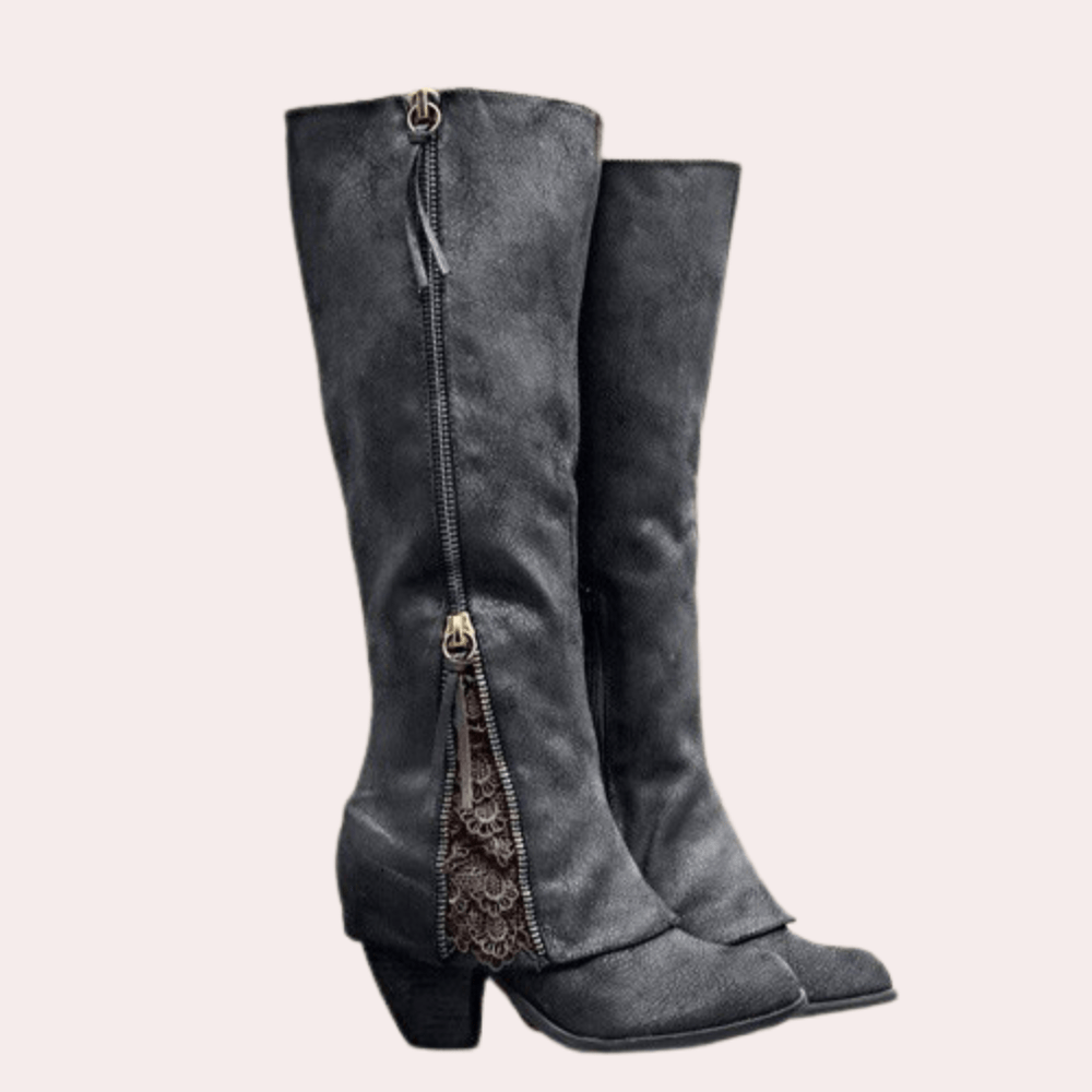 Vami Clara lace rider boots, dark gray tall shaft with side zipper and lace ankle trim