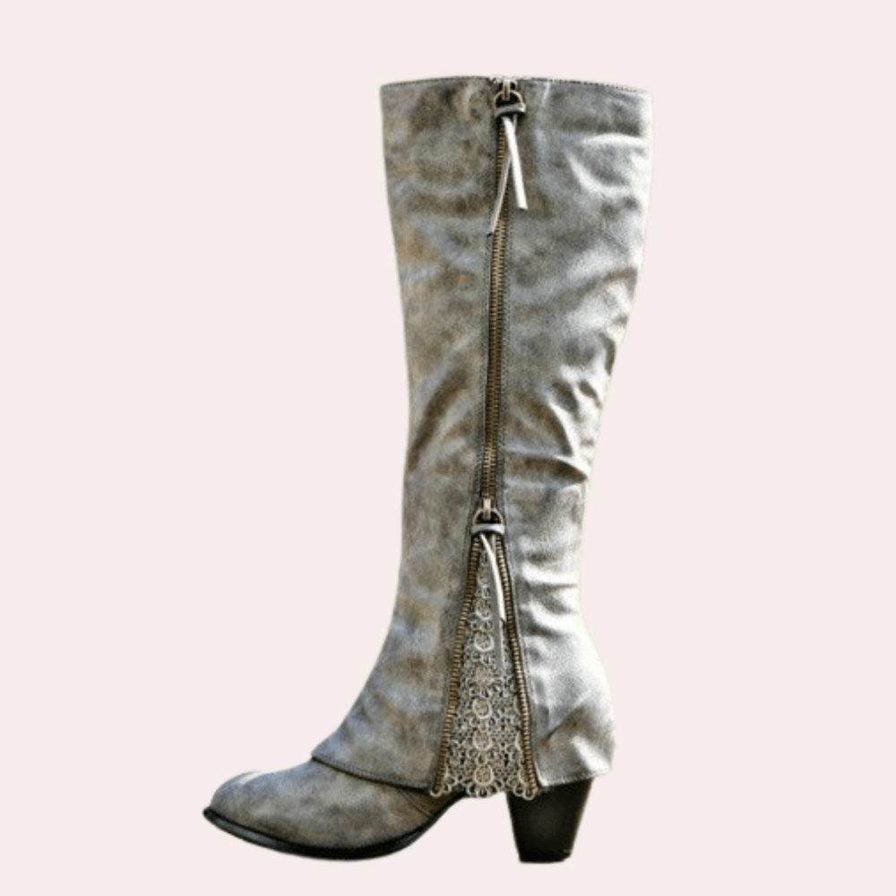 Vami Clara lace rider boots, light gray tall shaft with lace panel and side zipper, block heel