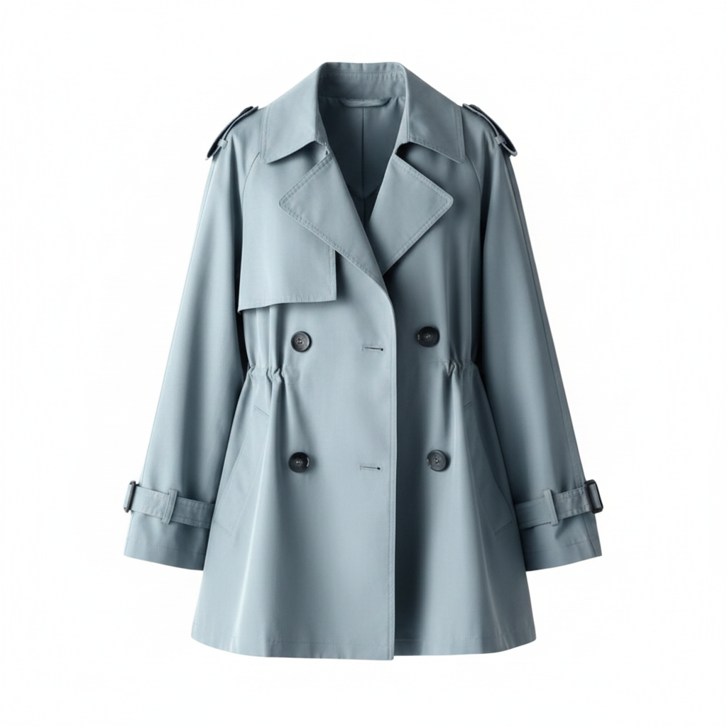 Pastel blue vintage trench coat with double-breasted front and belt