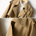 Hazelnut brown trench coat detail with raised collar and shoulder tab