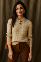 Cream cable-knit sweater with button placket and ribbed mock collar