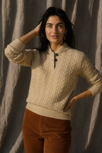 Women’s vintage cable-knit sweater with buttoned collar and ribbed cuffs