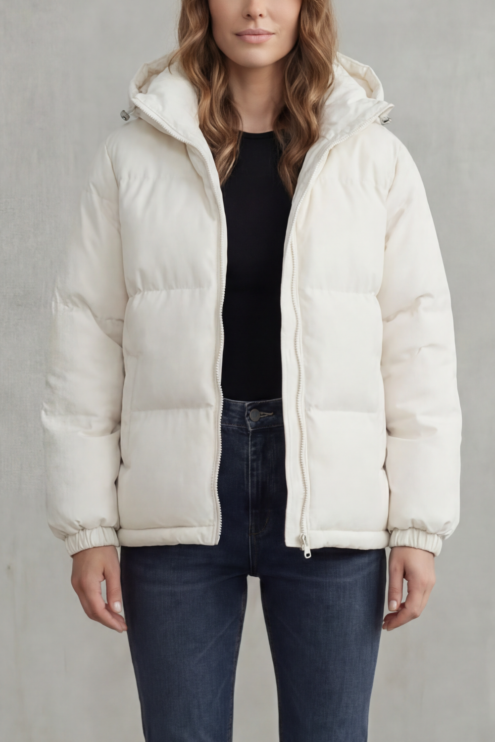 White quilted hooded puffer jacket with front zipper and elastic sleeve cuffs