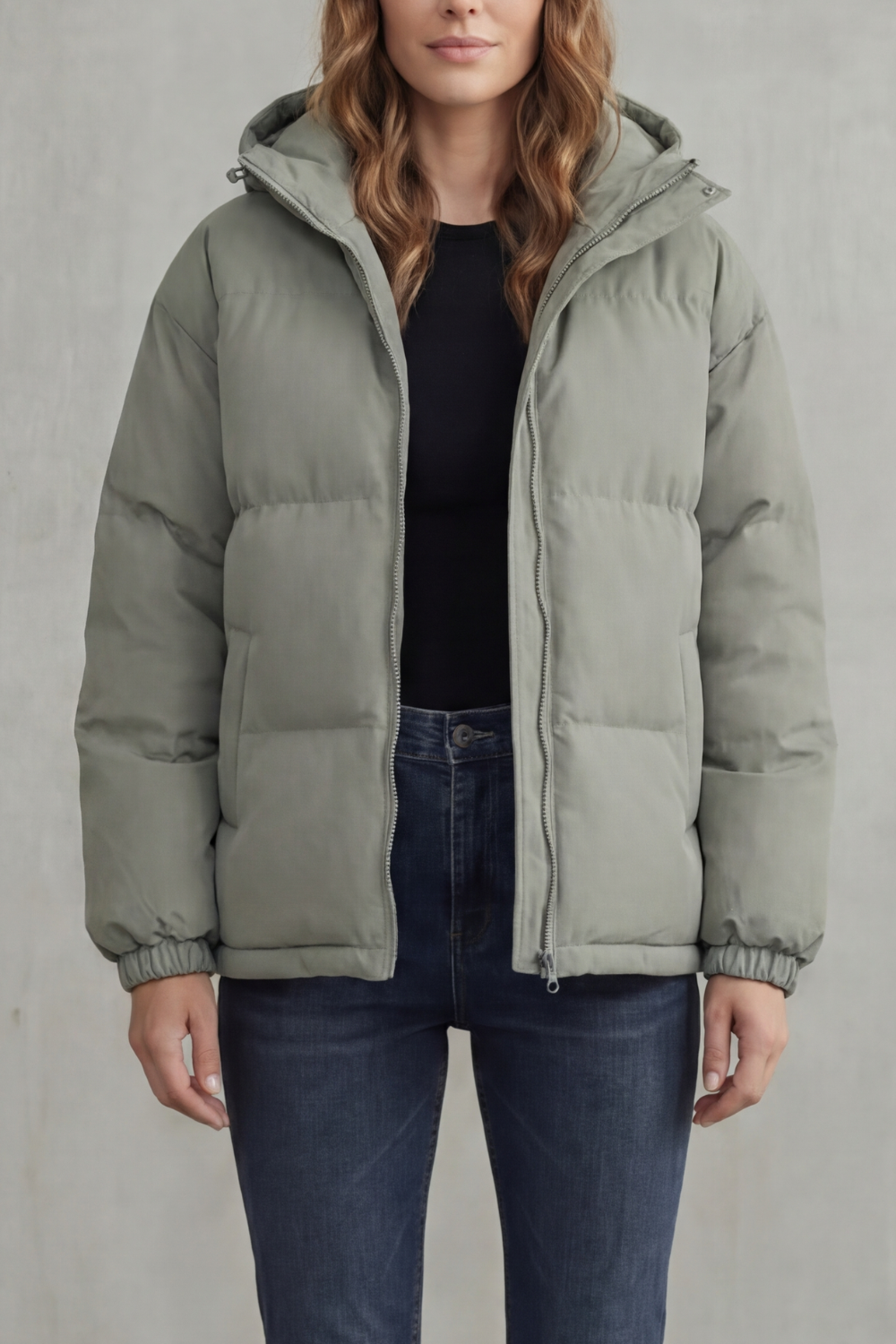 Dusty green quilted hooded puffer jacket with front zipper and elastic sleeve cuffs