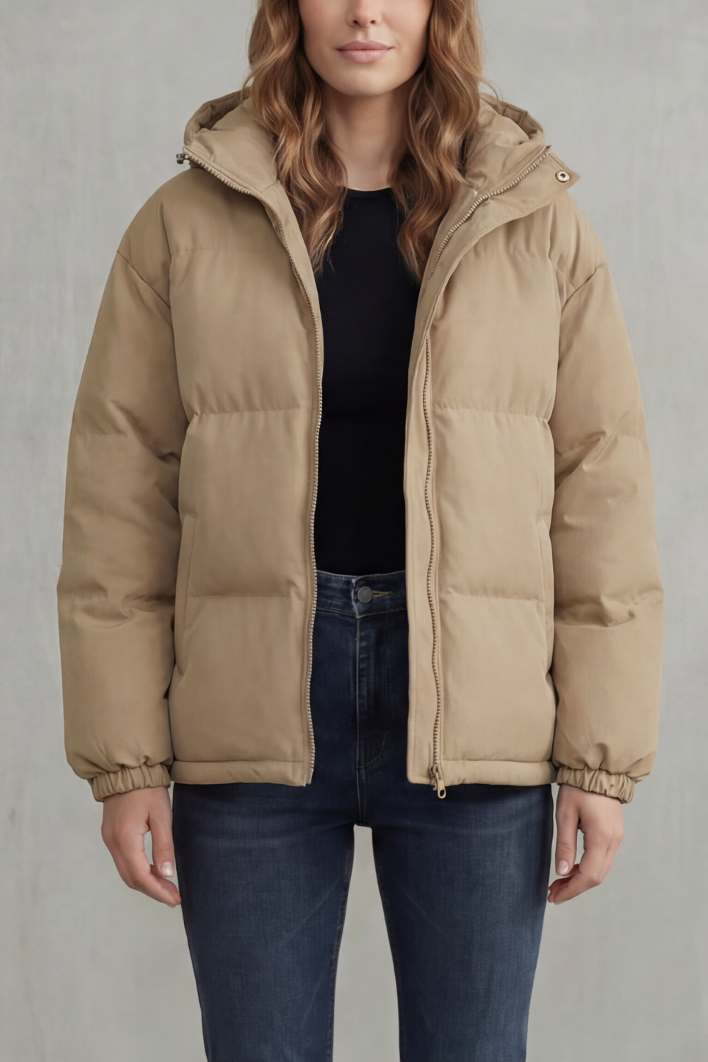 Khaki quilted hooded puffer jacket with hood, front zipper, and elastic sleeve cuffs
