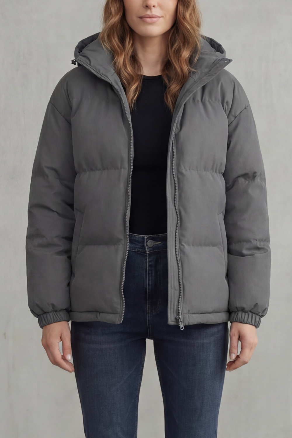 Quilted hooded puffer jacket in dark gray, full-zip front, ribbed cuffs and hem