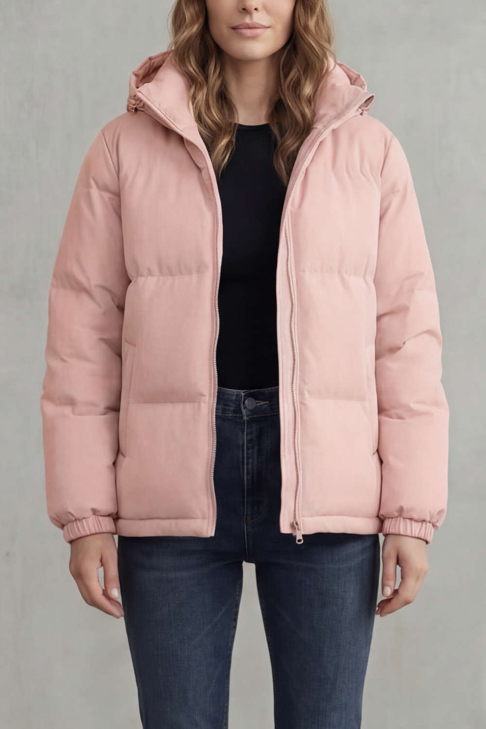 Dusty pink quilted hooded puffer jacket with front zip, stand collar, elastic cuffs