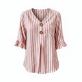 Women's striped ruffle-sleeve blouse, V-neck button front, pink-and-white vertical stripes