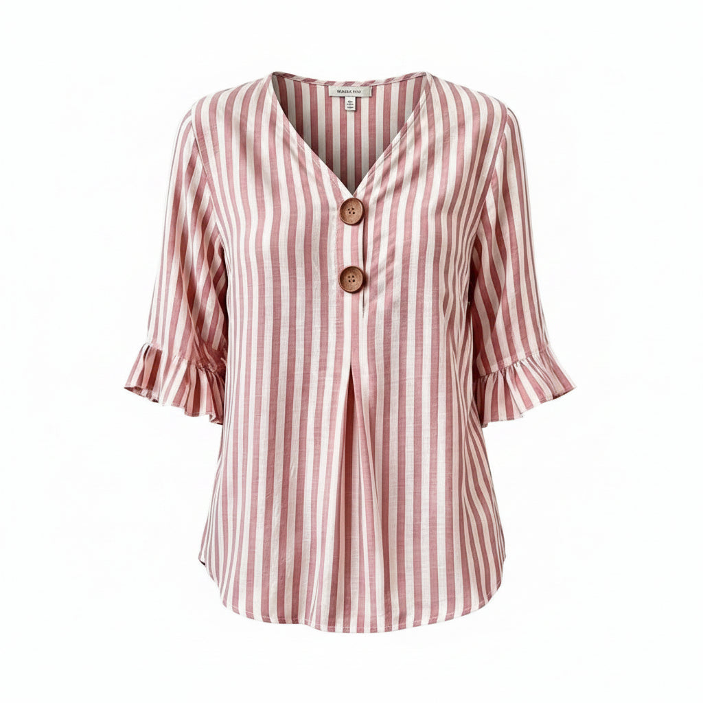 Women's striped ruffle-sleeve blouse, V-neck button front, pink-and-white vertical stripes