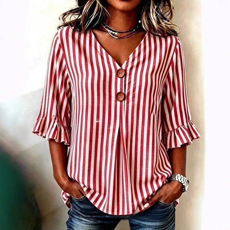 Women's striped ruffle-sleeve blouse, V-neck button front, red-and-white vertical stripes