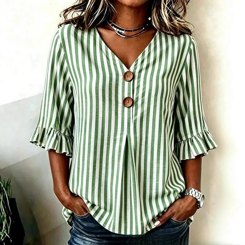 Women's striped ruffle-sleeve blouse, V-neck button front, green-and-white vertical stripes