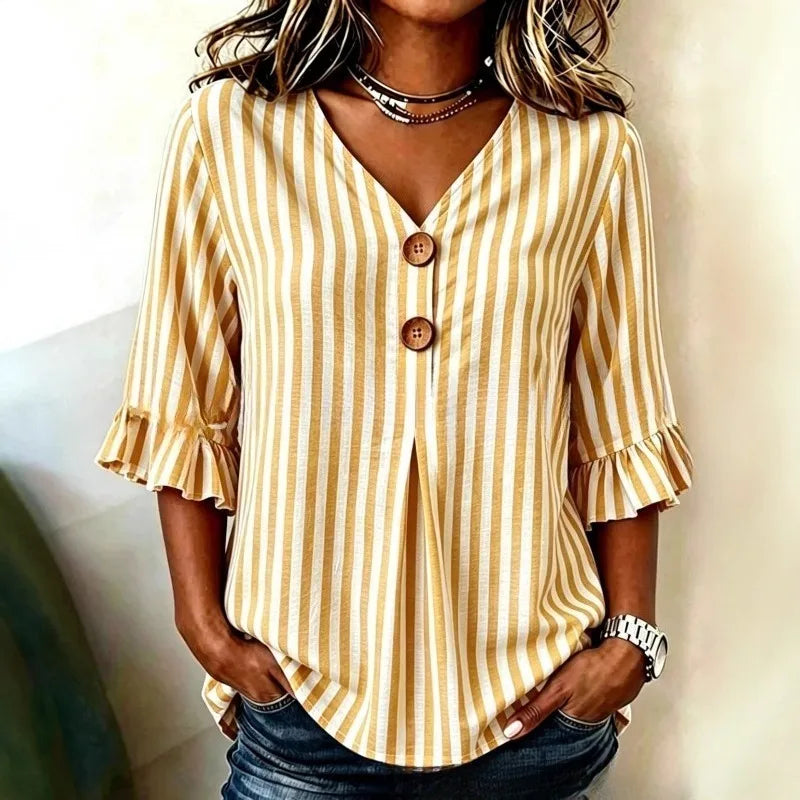 Women's striped ruffle-sleeve blouse, V-neck button front, yellow-and-white vertical stripes