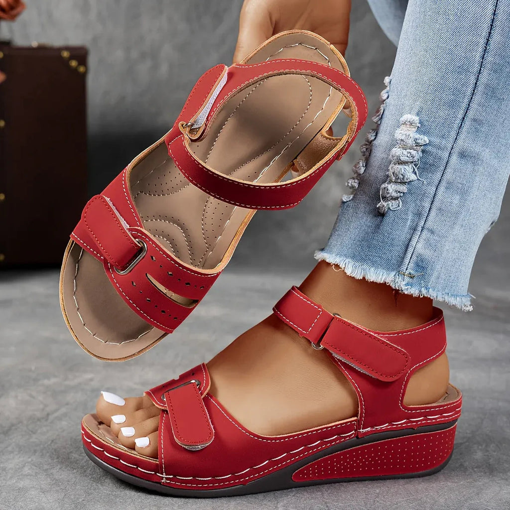 Women’s comfort strap sandals, red leather-look upper with hook-and-loop closure
