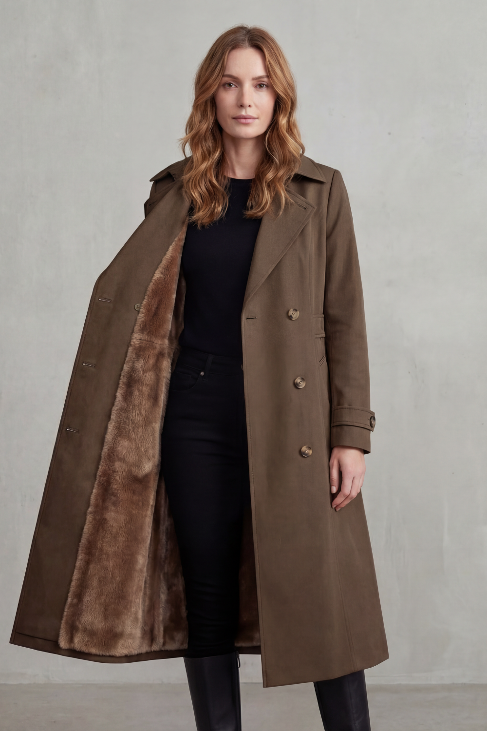 Brown faux fur-lined double-breasted trench coat with fur lining visible at opening