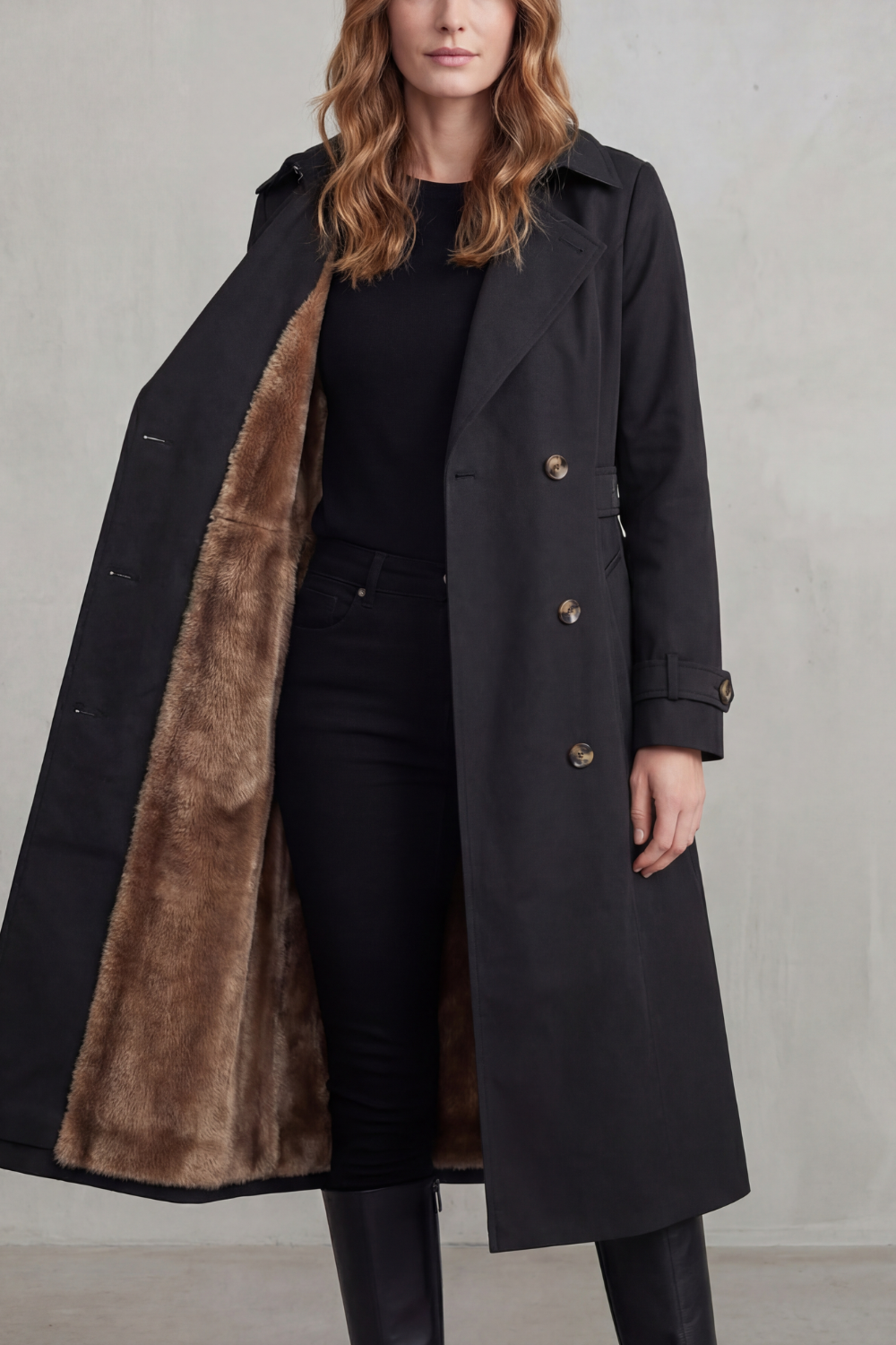 Black faux-fur-lined double-breasted trench coat with gold-tone buttons and long sleeves.