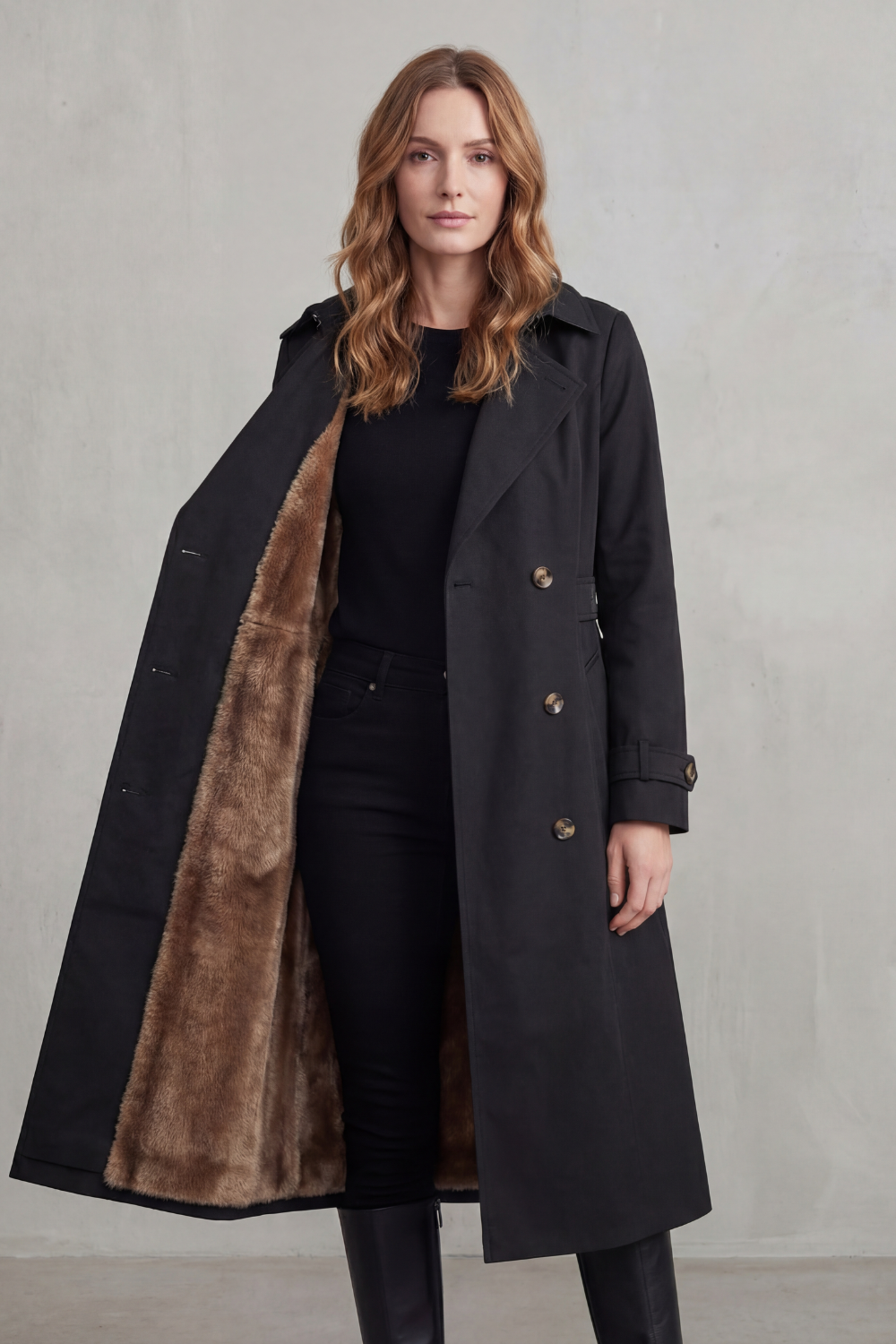 Black faux fur-lined double-breasted trench coat with buttoned front and hooded collar