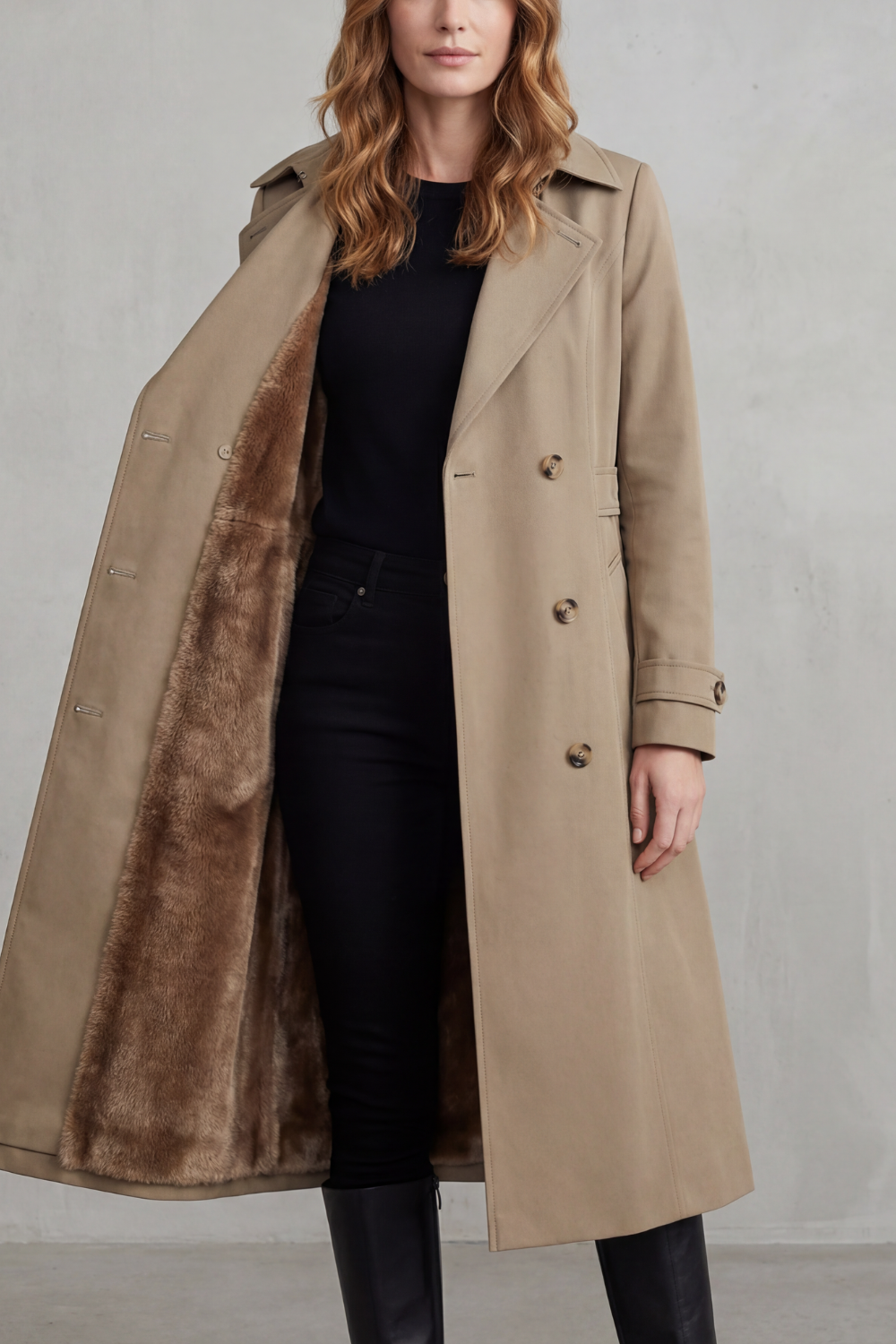 Light khaki faux fur-lined double-breasted trench coat with front button placket