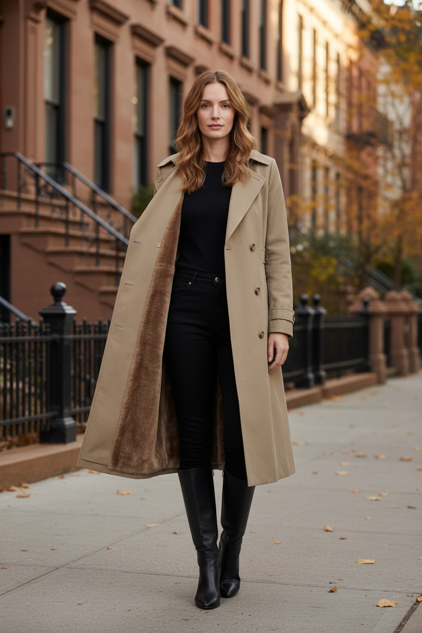 Khaki faux fur-lined double-breasted trench coat with notched lapels and buttons