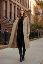Khaki faux fur-lined double-breasted trench coat with notched lapels and buttons