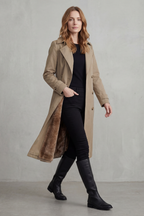 Khaki faux fur-lined double-breasted trench coat, open front revealing lining