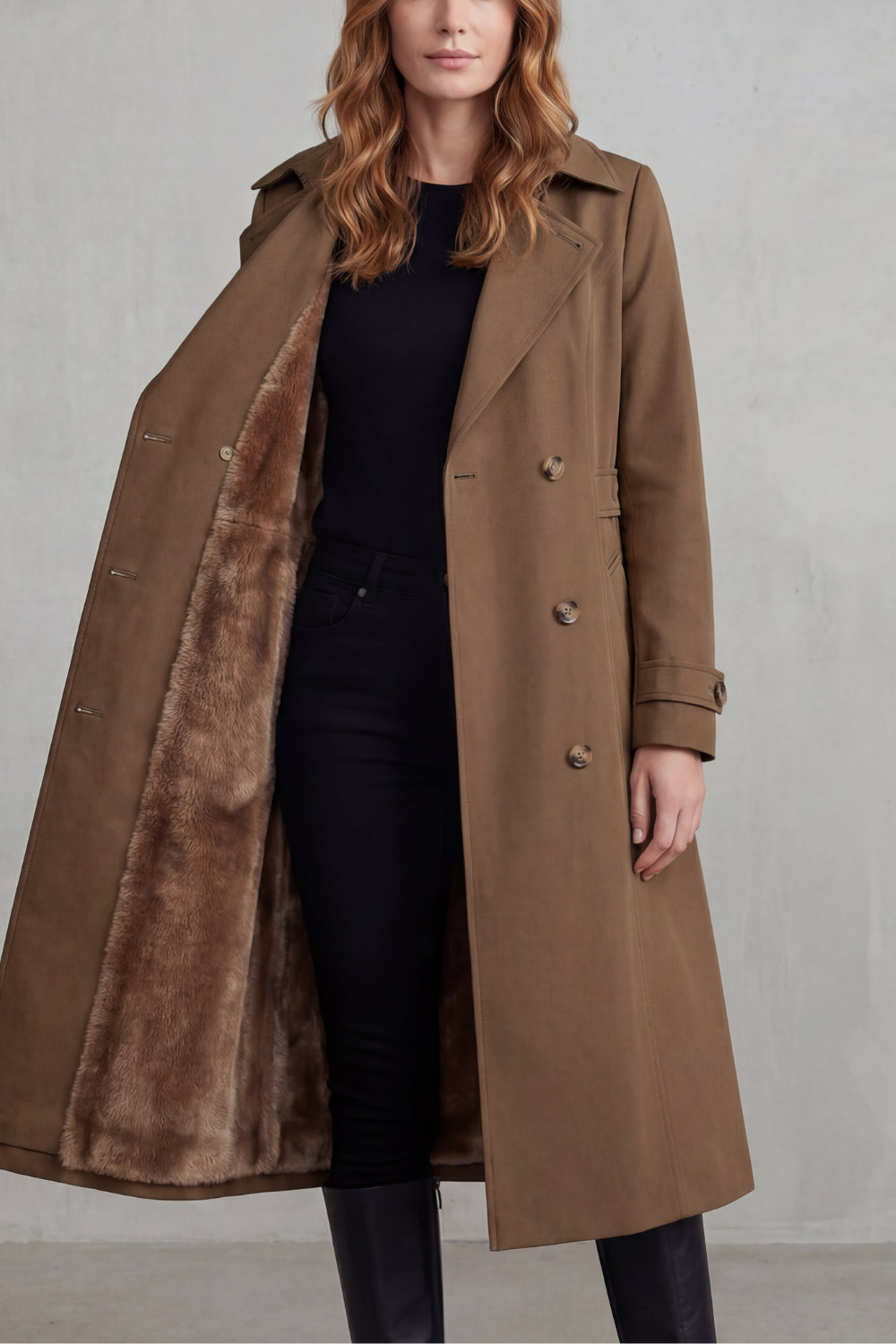 Brown faux fur-lined double-breasted trench coat with notched lapels and buttons