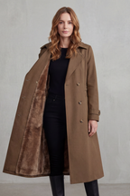 Khaki faux fur-lined double-breasted trench coat with fur-trimmed interior
