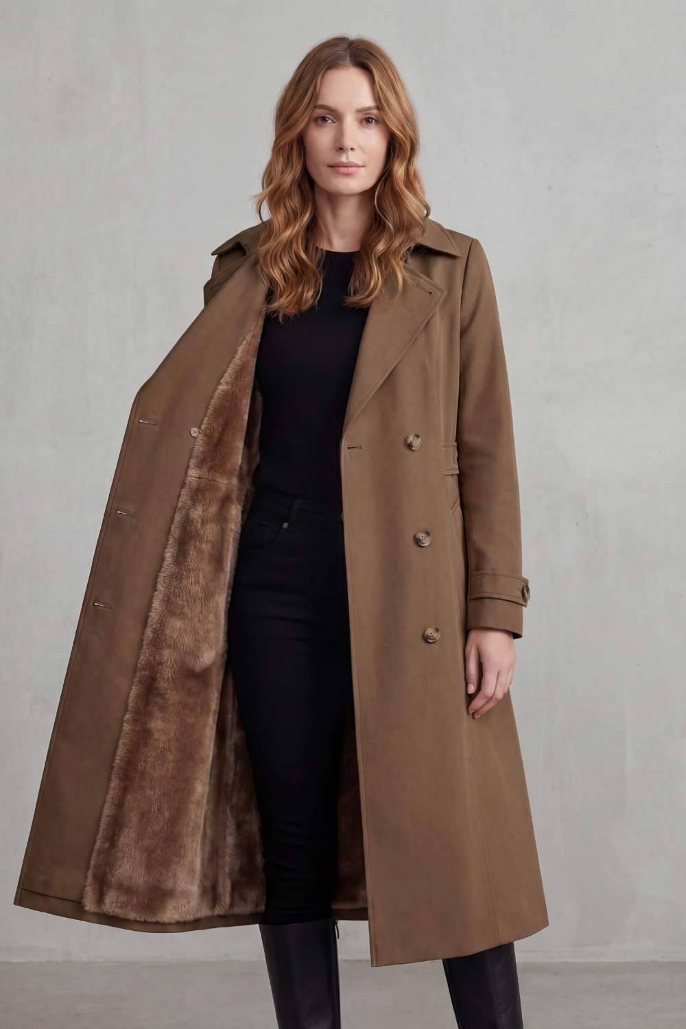 Khaki faux fur-lined double-breasted trench coat with fur-trimmed interior
