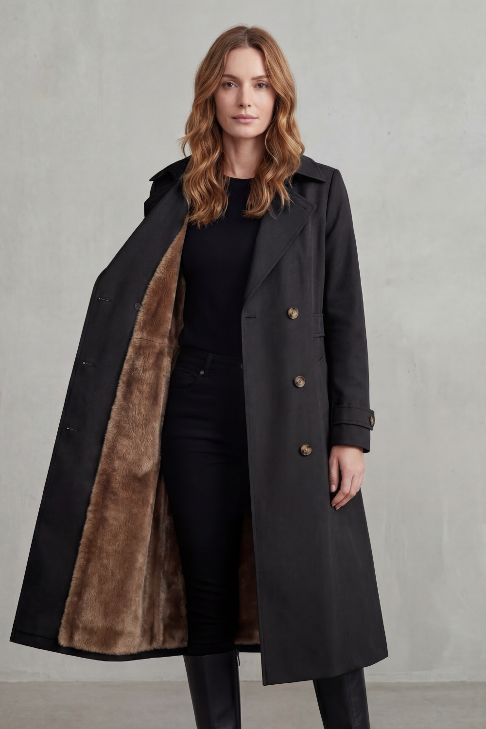 Black faux fur-lined double-breasted trench coat, open design showing brown lining