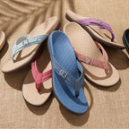 Assorted womens thong sandals in blue and pink with buckle straps