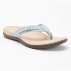 Light blue womens thong sandals with single top strap and buckle on brown sole